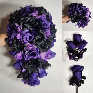 Purple Black Rose Bridal Wedding Bouquet Accessories