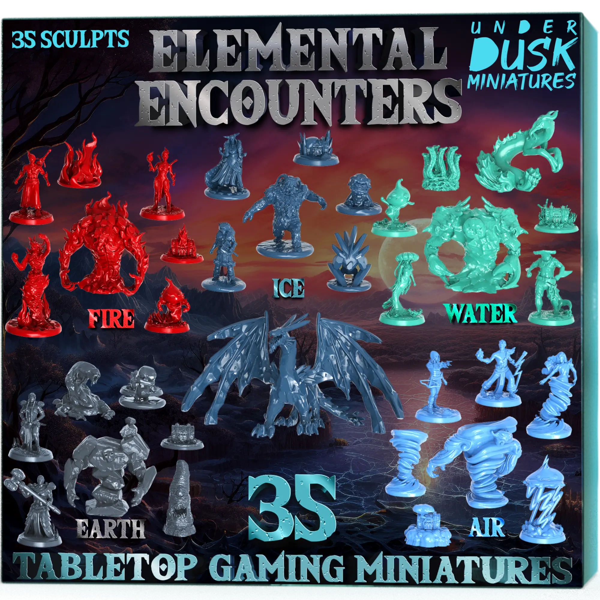 Underdusk Elemental Encounters - 35 DnD Minis across 5 Elemental Groups I Stats Included