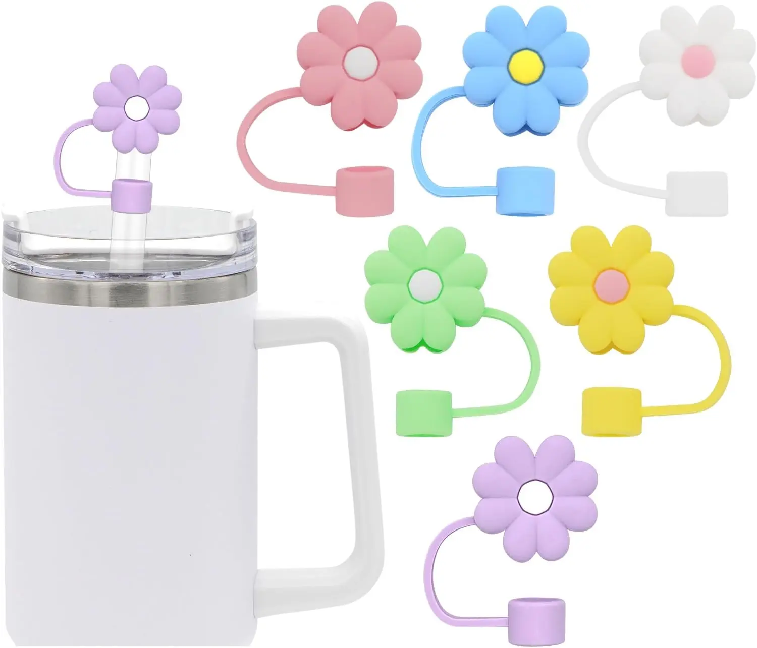 6 PCS Silicone Dust-Proof Caps for Stanley Cup Straws, Cute Flower Toppers with 0.4 inch Diameter, Reusable Drinkware Accessories Ideal as Holiday Gifts for Friends