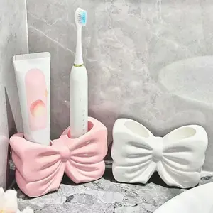 Bows-shaped design toothbrush holder, 1 piece of ceramic toothbrush storage rack, suitable for household, hotel, salon, and dormitory bathrooms, Bathroom Accessory