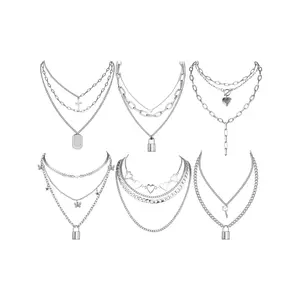 Gorgeous Exquisite Chain Jewelry 6 Pcs Silvery Double Triple Chain Necklaces Alloy Chokers Punk Necklaces for Women Men Fashionable Goth Chains Statement Lock Key Layered Pendants Chains Gothic Cross Chain Design Necklace Set