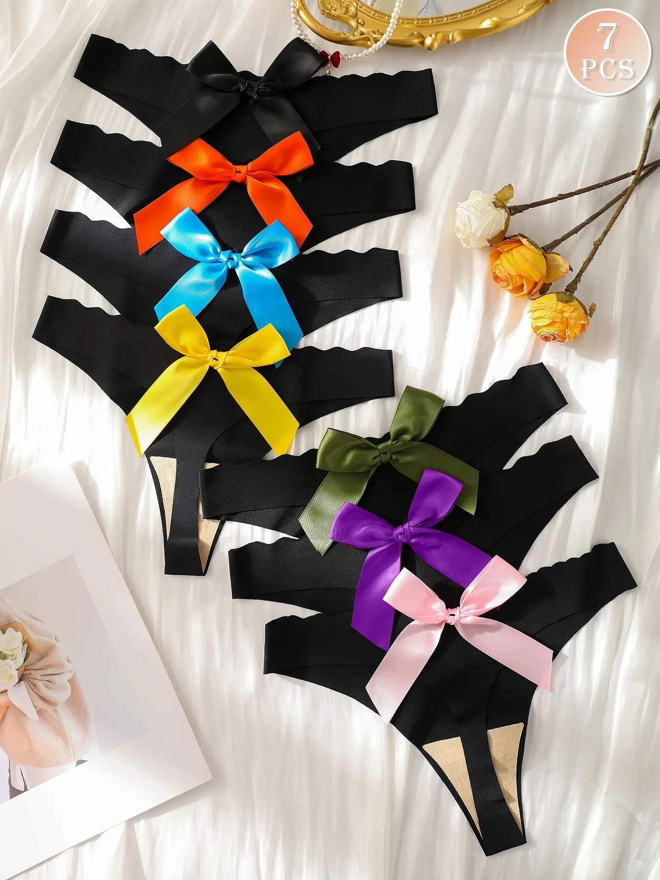 7-piece set of colorful bow-decorated women's sexy thong panties, Stretchy Panty, seamless, one-piece, comfortable, breathable, stretchy, smooth, suitable for all seasons and everyday wear as underwear
