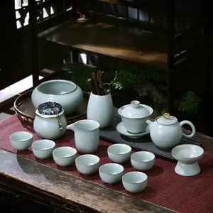 Premium Chinese Ceramic Teapot Set Handmade Ru Kiln Porcelain Gongfu Tea Set with Gift Box for Home Office Use