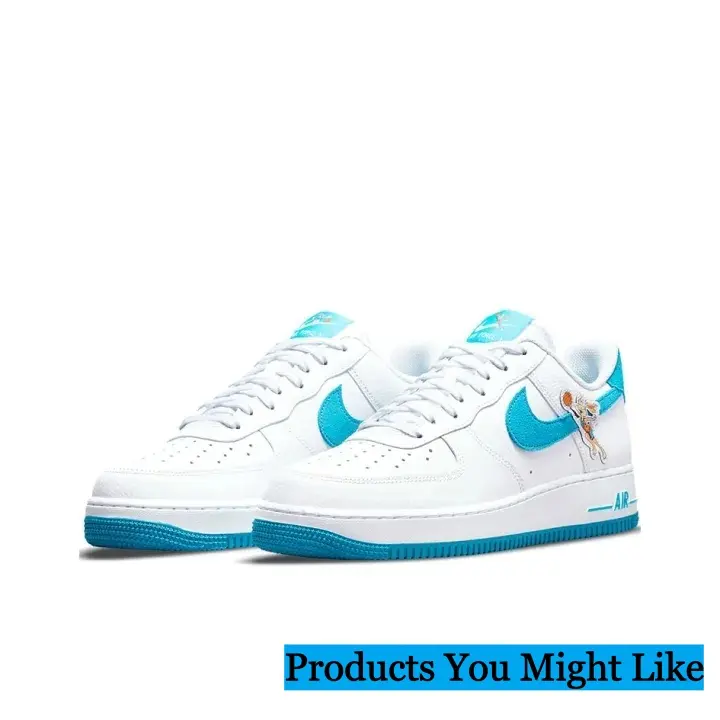 Vintage Unisex White Leather Low-Top Lace-Up Sneakers, Bright Turquoise-Blue Side Badge, Cute Cartoon Graphic Print, Soft Breathable Upper, Rubber Outsole, Brand-New with Original Matched Shoe Box (Sports Collectibles Accessory)