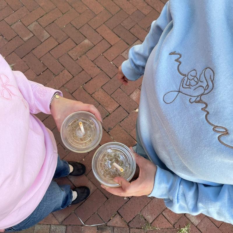Coquette embroidered pink bow sweater with BFF and a heart on the right cuff,  gift idea for your bestie, gift idea for your sister, pink bow, embroidered pink bow, valentines day gifts, chic style,