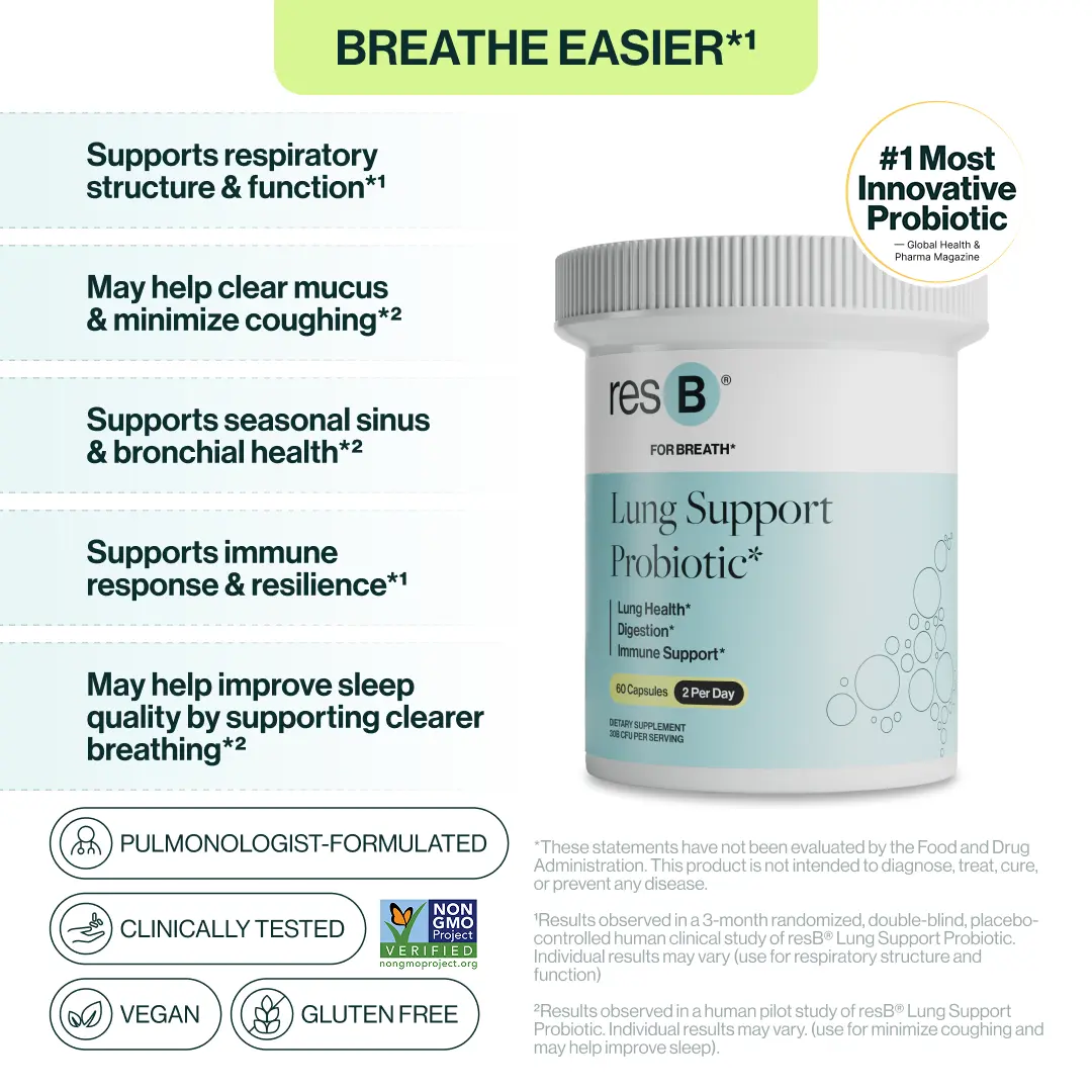 resB Lung Support Probiotic Supplement - Daily Respiratory Probiotic for Gut & Immune Support - 60 Capsules
