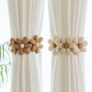 Boho Elastic Curtain Tiebacks with Daisy Floral, Ivory Cream Curtain Holdbacks with Invisible Buckle, Easy Install Decorative Home Accessories for Bedroom Living Room