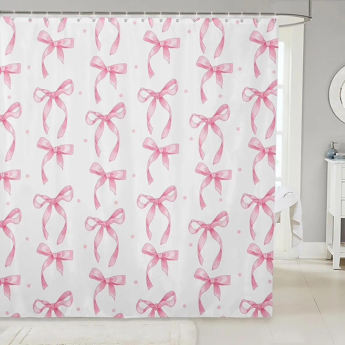 Cute Pink Bow Shower Curtain for,Ribbon Bow Knot Bathroom Set Kawaii Room Decor,Princess Bowknoty Pink Bows Waterproof Fabric Shower Curtain