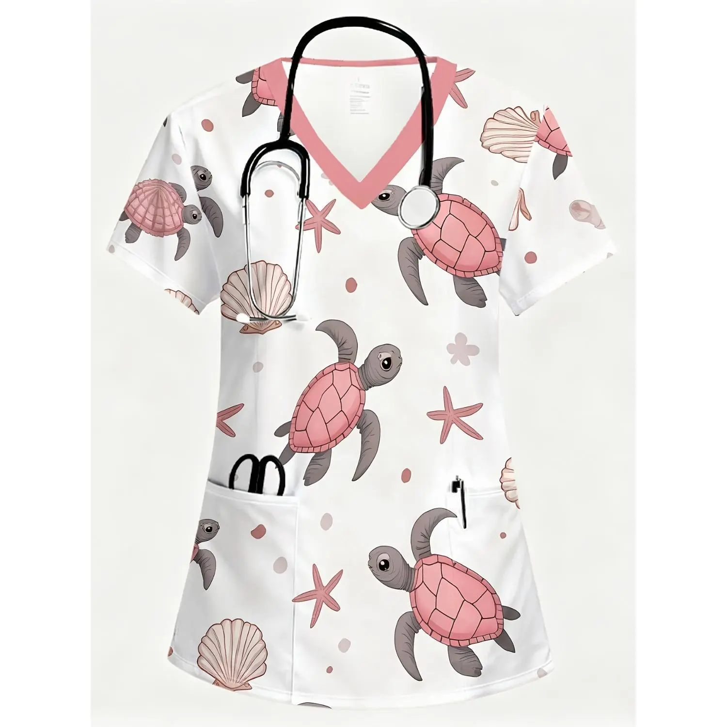 Women's V-Neck Short-Sleeve Comfortable Top - Breathable Workwear with All-Over Cute Pink Sea Turtle, Seashell & Starfish Patterns, Functional Pockets, Machine Washable, All-Season Casual Wear, Adorable Nursing Apparel & Easy-Care Clothing