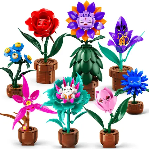 CUBIMANA Alice in Wonderland 8-Pack Halloween Colorful Flower Building Blocks Set, Fantasy Faces, Roses & Orchids, Decorative Floral Ornaments, Compatible with LEGO Bricks, Unique Gifts for Ages 12+