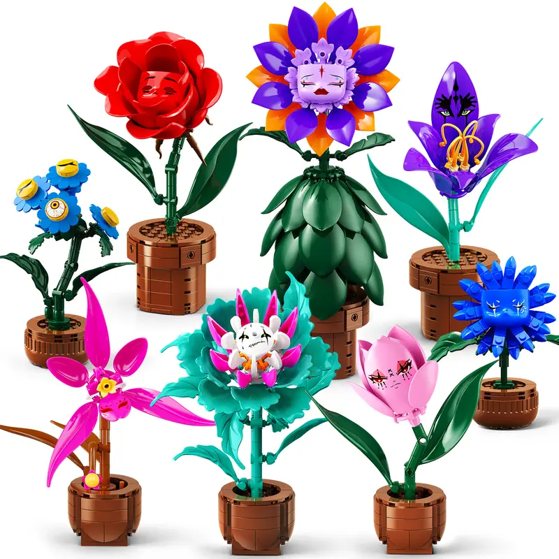 CUBIMANA Alice in Wonderland 8-Pack Halloween Colorful Flower Building Blocks Set, Fantasy Faces, Roses & Orchids, Decorative Floral Ornaments, Compatible with LEGO Bricks, Unique Gifts for Ages 12+