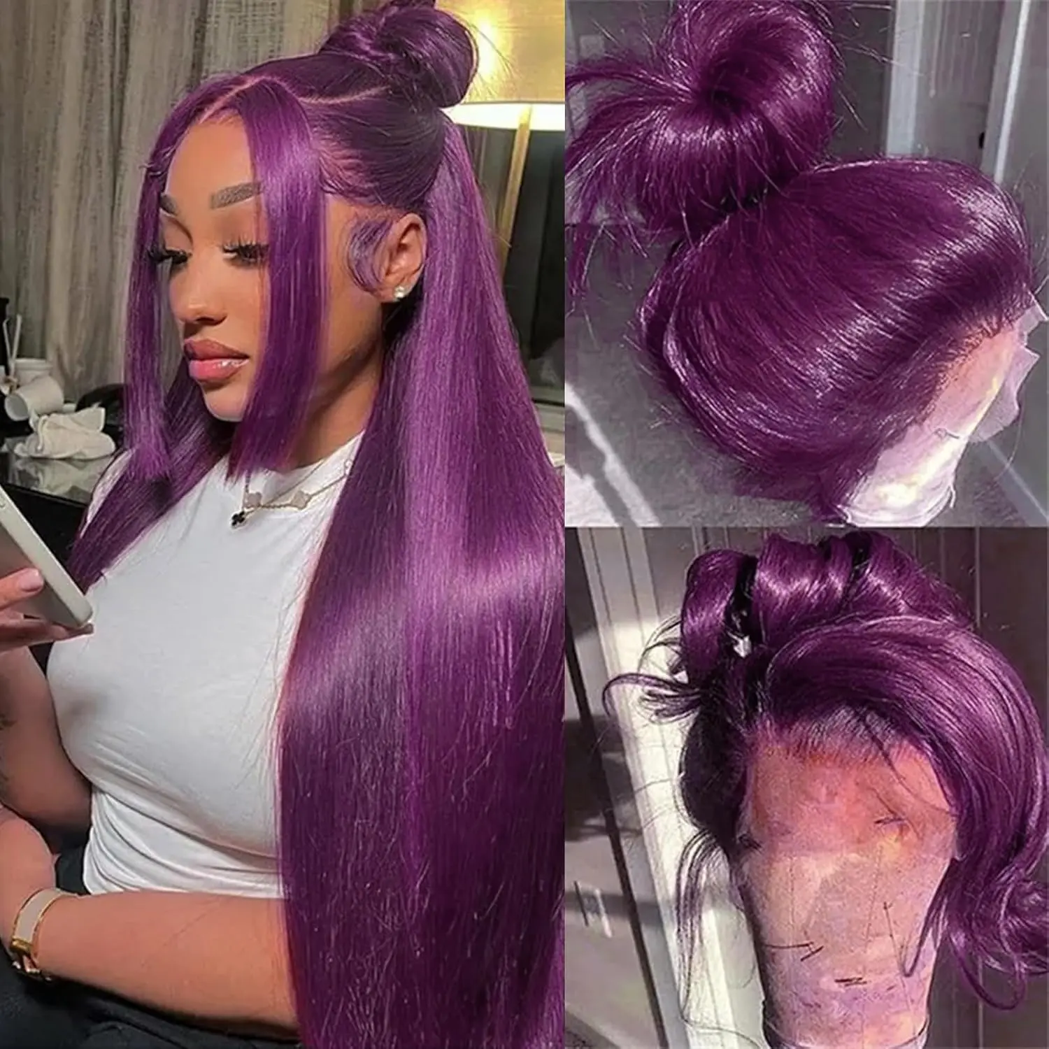 Women's 13X4 Glueless Lace Front Wig, 28-Inch Dark Purple Straight Synthetic Hairpiece, Pre-Plucked Hairline, Heat-Resistant Fiber, Hair Replacement Glueless Wigs, Wigs Glueless