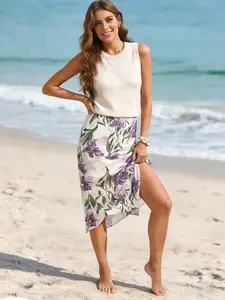 Fresh Iris Print Irregular Hem Vacation Midi Skirt Elegant Iris Print Office Irregular Midi Skirt Trendy Iris Print Statement Irregular Midi Skirt