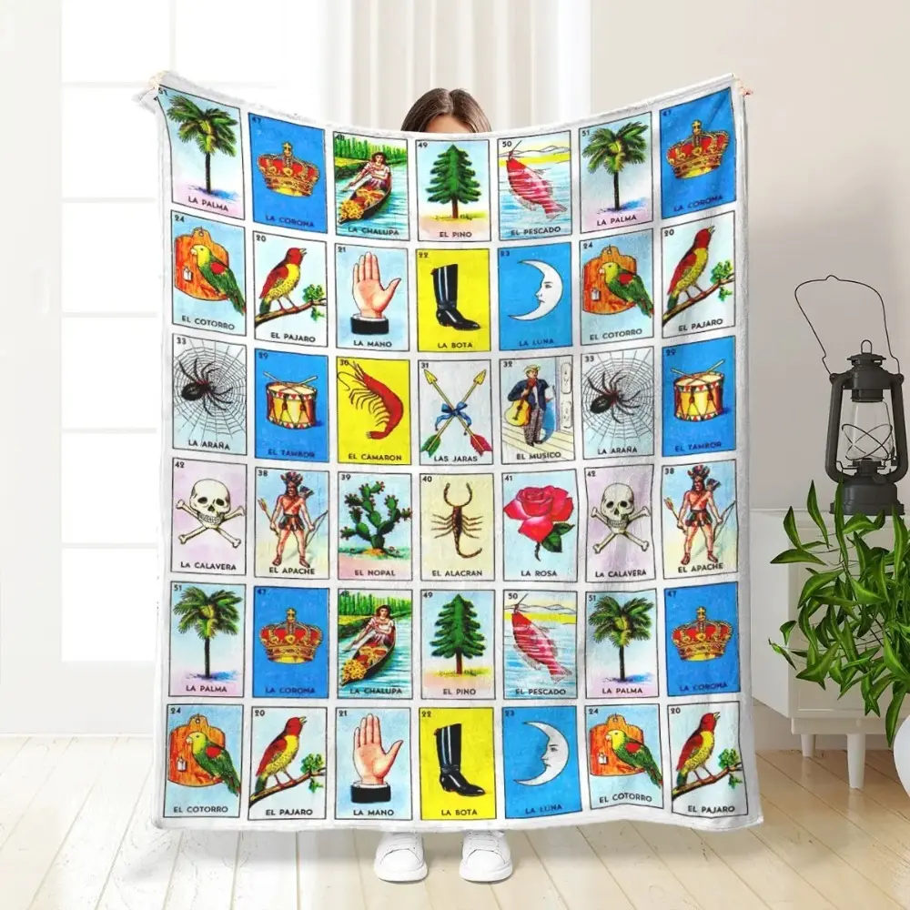 Mexican Loteria Cards Print Soft Flannel Blanket, Warm Cozy Lightweight Throw Blanket, Multi-use Blanket for Bed Sofa Home Office Car, Unique Home Decor, Ideal Holiday Gift for Family & Loved Ones