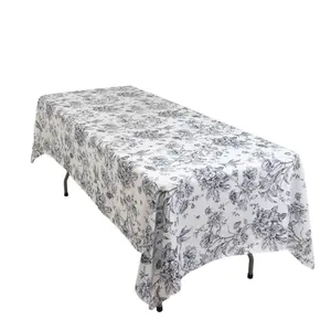 Polyester 60"x102" Rectangle Tablecloth White - Black French Toile Pattern for Elegant Gatherings