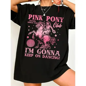 Stylish Plus Size Graphic T-Shirt for Women Featuring Black and Pink Pony Club Design Ideal for Casual and Dance Events Comfortable Crew Neck and Easy Care Fabric