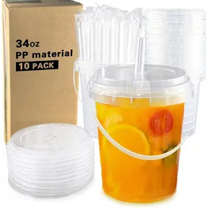 10 Pack 34oz Plastic Cups with  and Straws, Disposable Iced Coffee Cups with ,Sturdy &  Safe Drink Buckets for Cold/Hot Drinks,Smoothies, Fruit Drinks Cups Summer Beverages,Bar/Beach Party