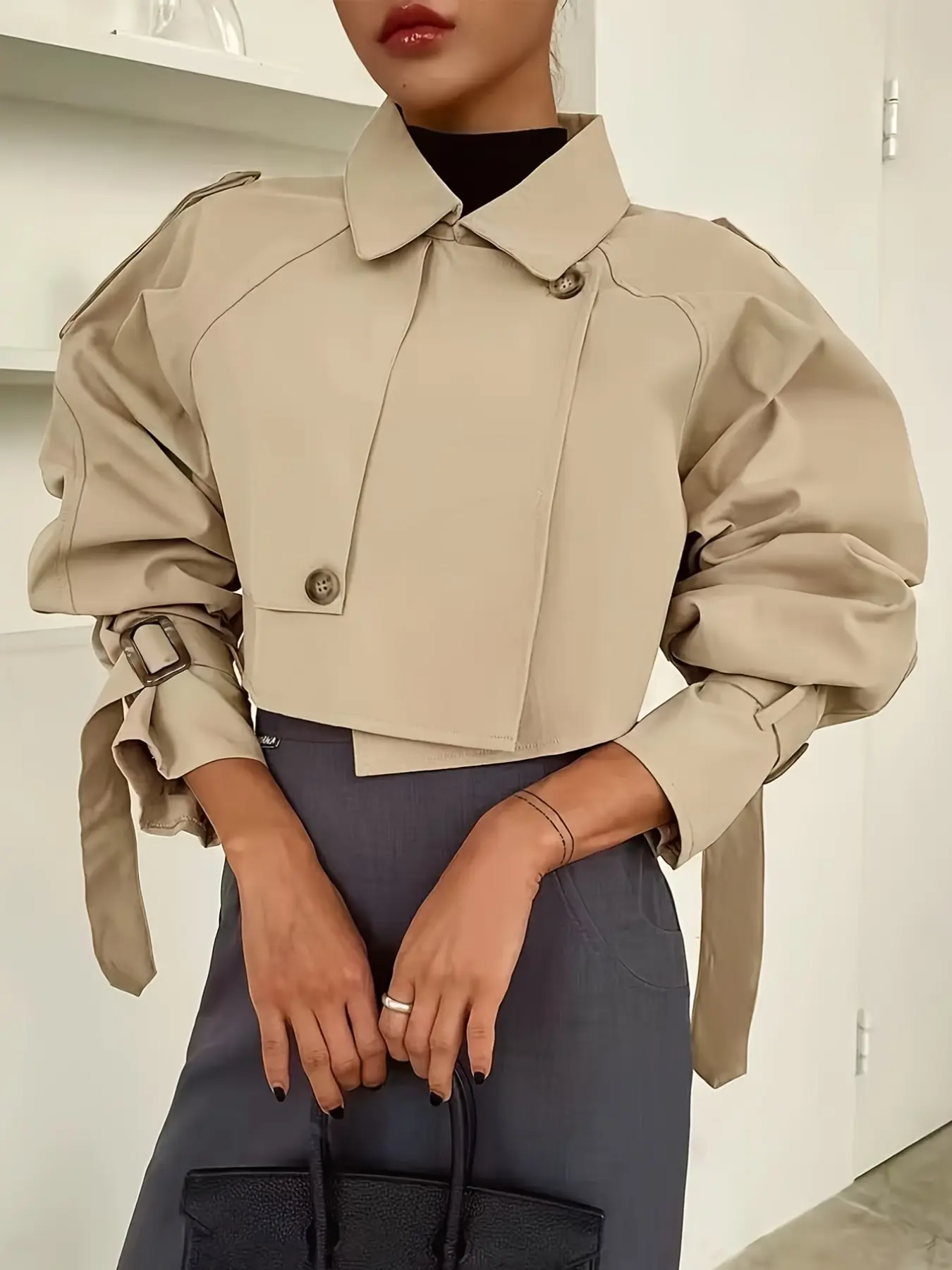Women's Short Windbreaker Jacket, Buttoned Shoulder Design, Lightweight Fashion Commuter Coat, Spring & Fall Outerwear for Women