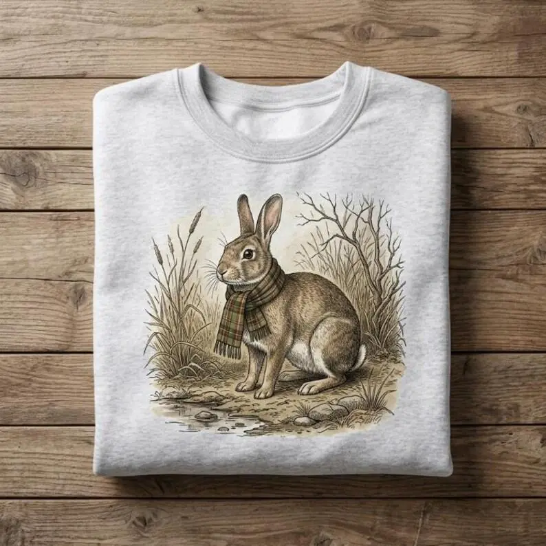 Rabbit Winter Shirt Cute Bunny Scarf Unisex Sweatshirt Hoodie Vintage Retro Nature Sketch Style Bunny Lover Gift