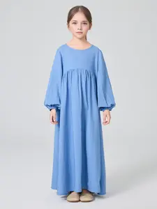 Girls' Long Sleeve Plain Loose-Fitting Abaya Dress, Modest Round Neck Lantern Sleeves, Perfect for Middle Eastern Muslim Girls