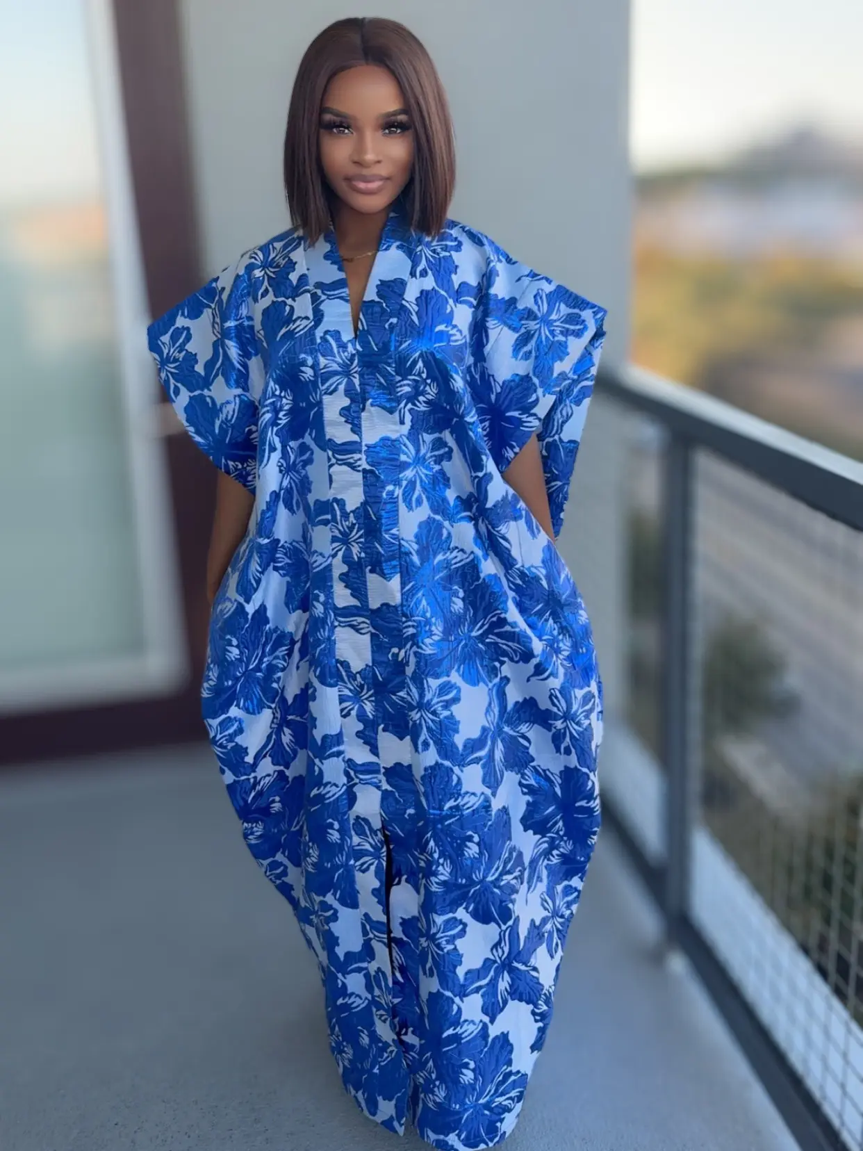 Royal Flow Boubou - Blue Floral Print Maxi Dress with Pockets and V-Neckline for Women