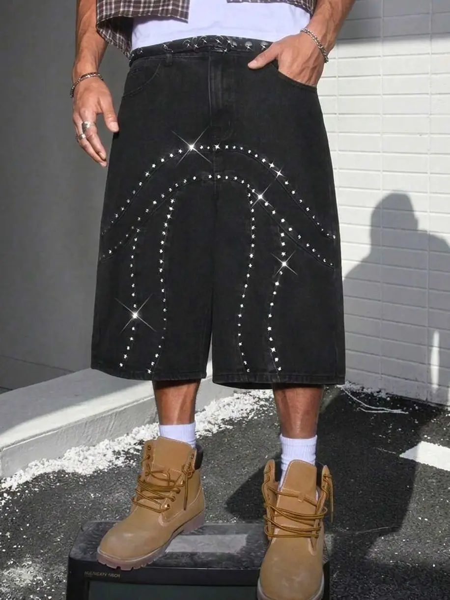 Men shorts - Men's Rhinestone Patchwork Denim Shorts, Y2K Streetwear Fashion Jean Shorts for Summer Vacation Outfits summer clothing trending clothing trending clothes male clothing summer clothes shorts for the summer summer men clothes vacation outfits