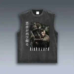 Men's Vintage Washed Japanese Streetwear Tank Top | Retro Horror Graphic Muscle Shirt | Distressed Acid Wash Anime Vest | Casual Grunge Harajuku Tee