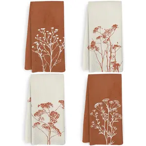 Burnt Orange Floral Kitchen Towels Set of 4, Terracotta Flower Dish Towels, Burnt Orange Bathroom Decor, Rust Color Plant Decorative Hand Tea Towel for Bathroom Kitchen, 16x24 in