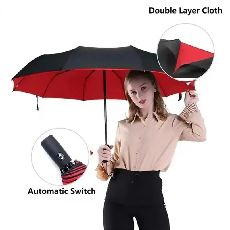 Double Layer Folding Automatic Windproof Sun Parasol - 10-Rib All Seasons Rain & UV Blocking Umbrella for Men & Women (Home Supplies), Windproof Umbrella