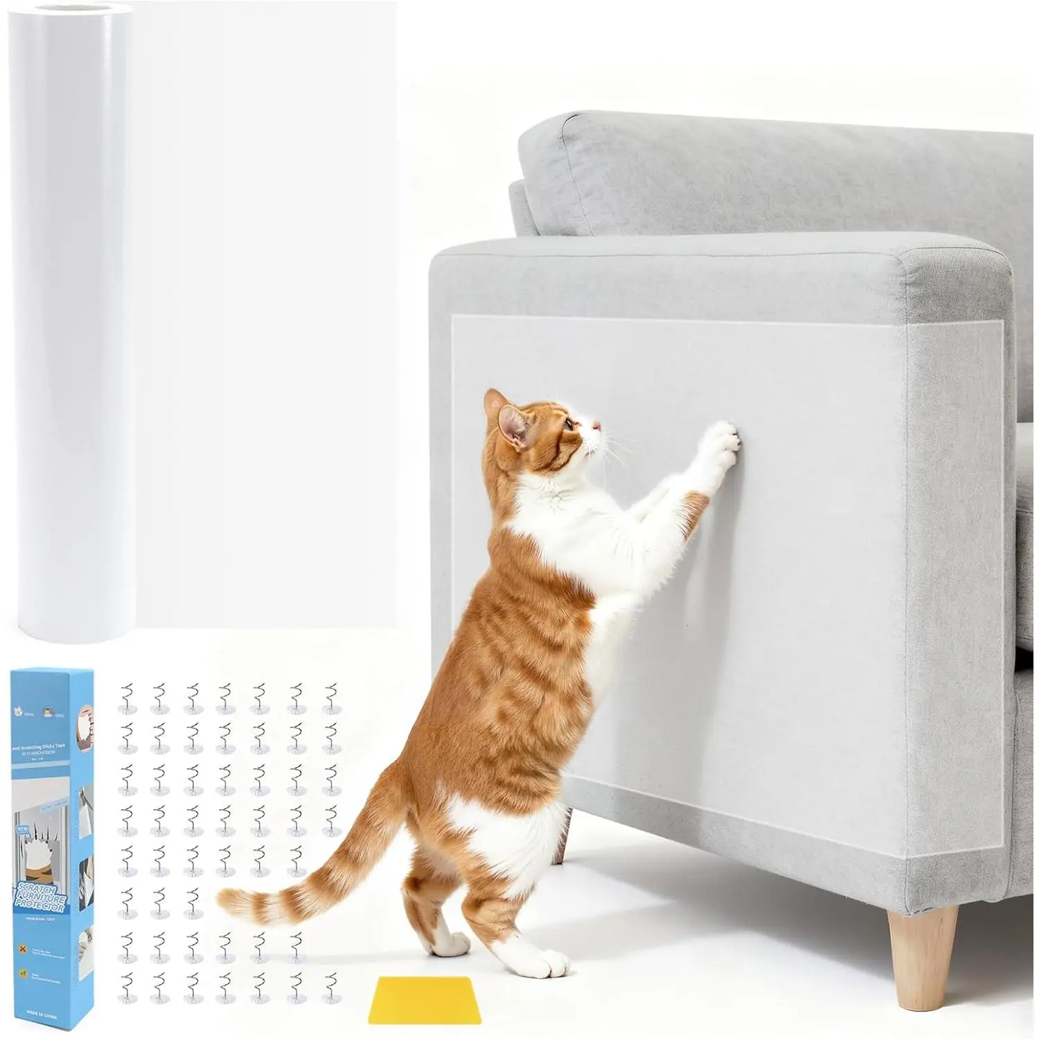 Clear Anti-Scratch Furniture Protector 118in x 12in, Self-Adhesive Couch & Sofa Anti-Scratch Guard, Pet Scratch Shield for Sofa, Couch, Door, Includes 50 Fixed Pins