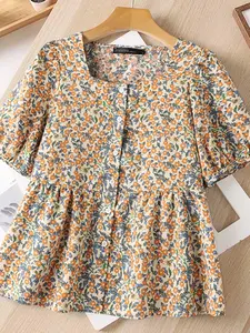 Women's Ditsy Floral Print Blouse, Casual Short Sleeve Top for Summer, Women's Clothing for Daily Wear