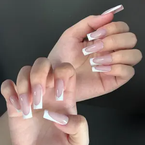 Long French Tip Press On Nails - Nude Pink Full Cover Fake Nails Kit with Prep Tools - Reusable Glossy Glue On Nails for Women