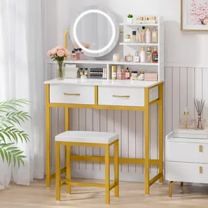 Modern Gold Vanity Table with Round Mirror, Makeup Desk with Storage Drawers and Sturdy Frame, Elegant Dressing Table for Bedroom or Apartment, Space Saving Vanity Set for Cosmetics Organization and Daily Beauty Routine Use