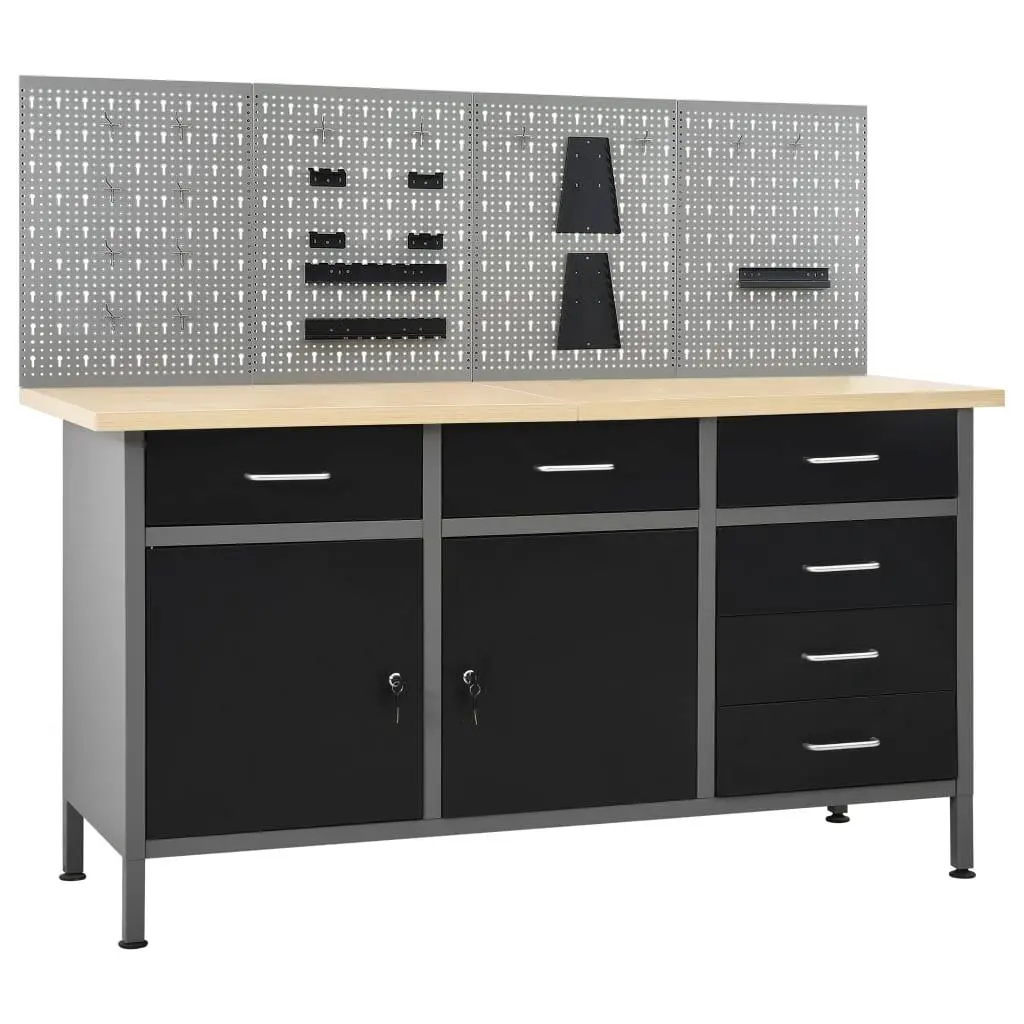 Premium Steel & Engineered Wood Workbench with 6 Ball Bearing Drawers, 2 Lockable Cabinets and 4 Wall Panels for Garage & Workshop Storage