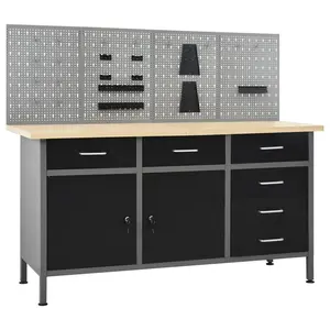 Premium Steel & Engineered Wood Workbench with 6 Ball Bearing Drawers, 2 Lockable Cabinets and 4 Wall Panels for Garage & Workshop Storage