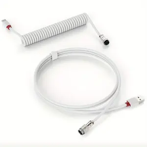 70inch/1.8m USB C to USB A Coiled Keyboard Cable, Detachable Metal Aviator Braided Enclosure, Double-Sleeved Nylon Wire, Male to Male, PVC & Plastic, Round Shape, 0-5W Output, USB Powered, ≤36V Operating Voltage, No Battery Required - White