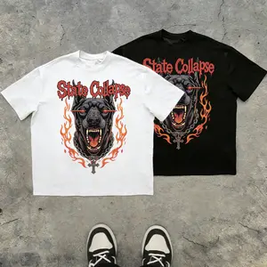 Streetwear brand “Doberman Flame Print” short-sleeve T-shirt featuring a “State Collapse” Gothic font design, oversized loose fit, black-and-white two-tone dark high-street style, unisex and versatile!
