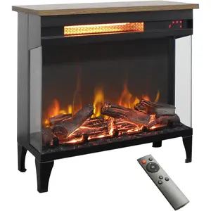 24" Electric Fireplace Heater, 3-Sided Glass & Wooden Top Design, Adjustable 4 Flame Colors, Remote, Timer, 1500W Infrared Heater w/Overheat Protection, Fireplace Heaters for Indoor use