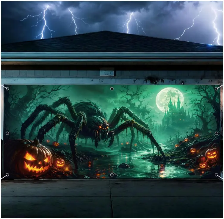 Spider Halloween Garage Door Cover 7x16 FT Decorations Spooky Garage Door Banner, Rope and Grommet Easy Mount, High Quality, Web Crawler Theme, Halloween Decor