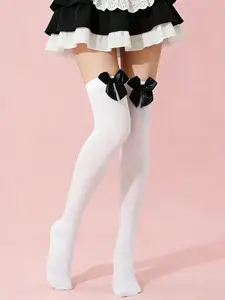 Women's Bow Decor + Pure Over-The-Knee Socks, Sweet, Cute and Versatile, 1 Pair, Perfect for Daily Casual Wear, Everyday