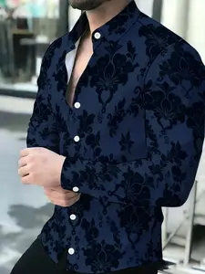 Men's Long Sleeve Floral Print Shirt with Novel Pattern