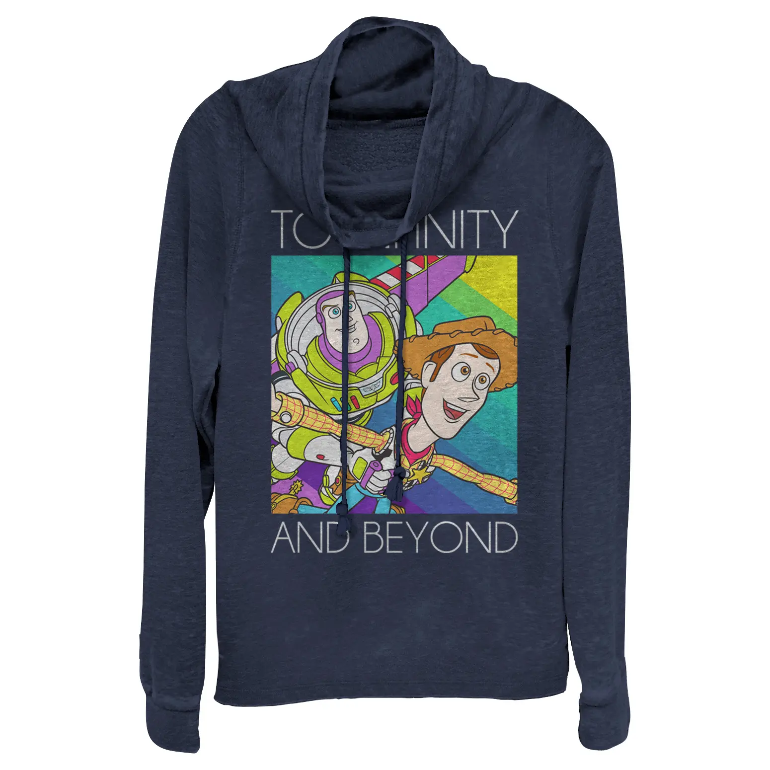 Juniors Womens Toy Story Infinity and Beyond Rainbow Cowl Neck Sweatshirt