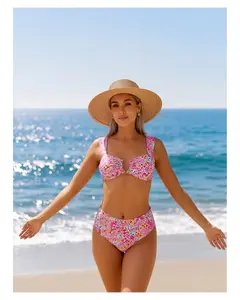 Floral Swimsuit for Women Wide Shoulder Strap V Neck Bikini Set High Waisted Two Piece Bathing Suit Slimming Beachwear Tropical Print