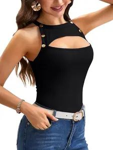 Buttons white tank top, solid color buttoned sexy hollow-out ribbed tank top, Women's Sleeveless Cut Out Front Tank Top Ribbed Knit Button Tank Tops, tight-fitting unique inner layer top for hot girls