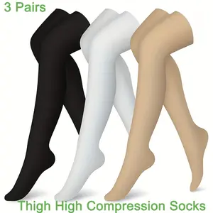 Thigh High Compression Socks 3 Pairs Nylon Polyester Blend Snug Fit Durable Support for Cycling Dancing Yoga Tai Chi Women Men Smooth Glossy Finish