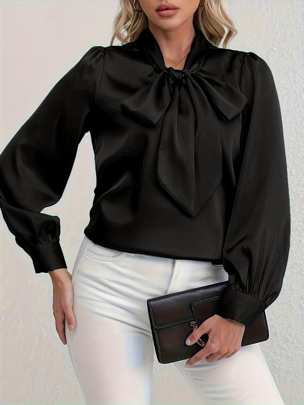 Elegant Satin Blouse with Bow Tie Neck, Fitted Casual Shirt for Work and Dates, Chic Spring & Fall Wardrobe Essential
