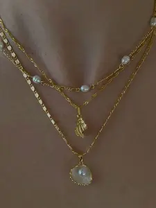 3 Pcs Women's Coastal Minimalist Layered Necklace Set, Alloy Chain with Shell Pearl Pendant, Elegant All-Season Jewelry Gift