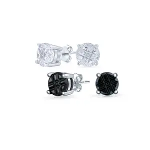 Set of 2 Round Black Clear Cubic Zirconia Invincible Cut Stud Earrings 5MM