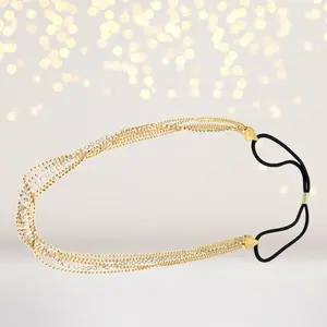 Glistening Strands of Gold and Rhinestones Headband, Gold Gold Chain Headband
