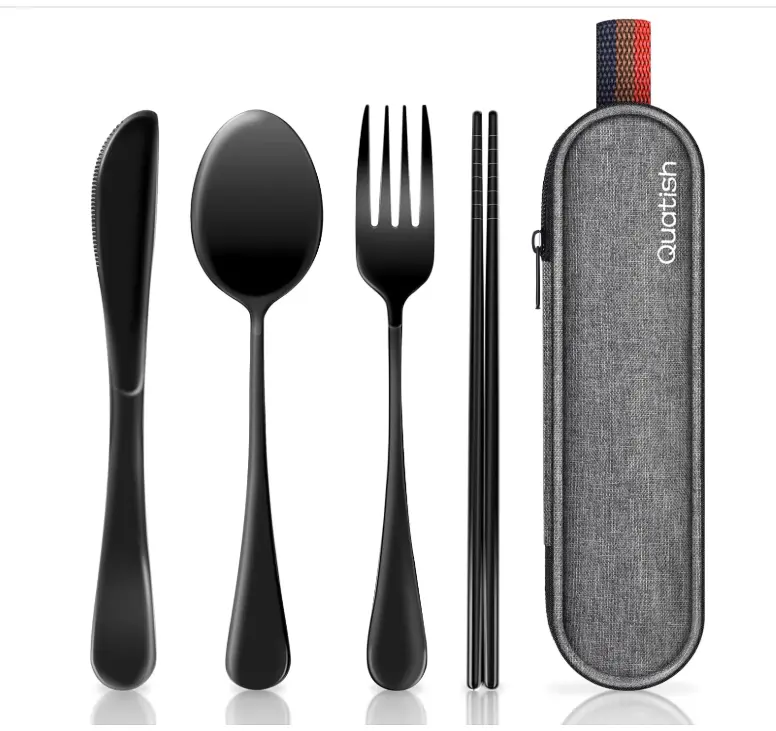 Travel Utensils with Case, Quatish Portable Silverware Set for Work, Stainless Steel Reusable Travel Cutlery Set, Fork and Spoon Set for Camping, Picnic, Gadgets, Lunch Box for Men, Black